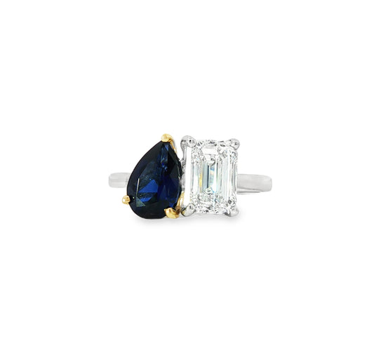 LAB GROWN: Platinum & 18ct Yellow Gold Pear Shape Blue Sapphire & Emerald cut diamond 'Moi Et Toi' ring - D1.90ct / S1.42ct.