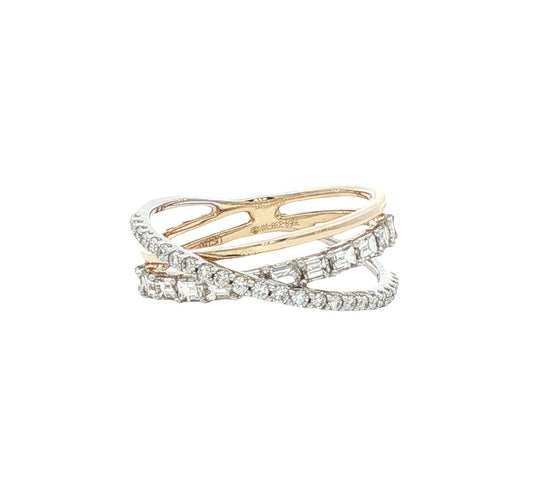 14ct Yellow & White Gold Baguette & Brilliant Cut diamond Triple Crossover Design Dress Ring - 0.74ct/0.235ct.