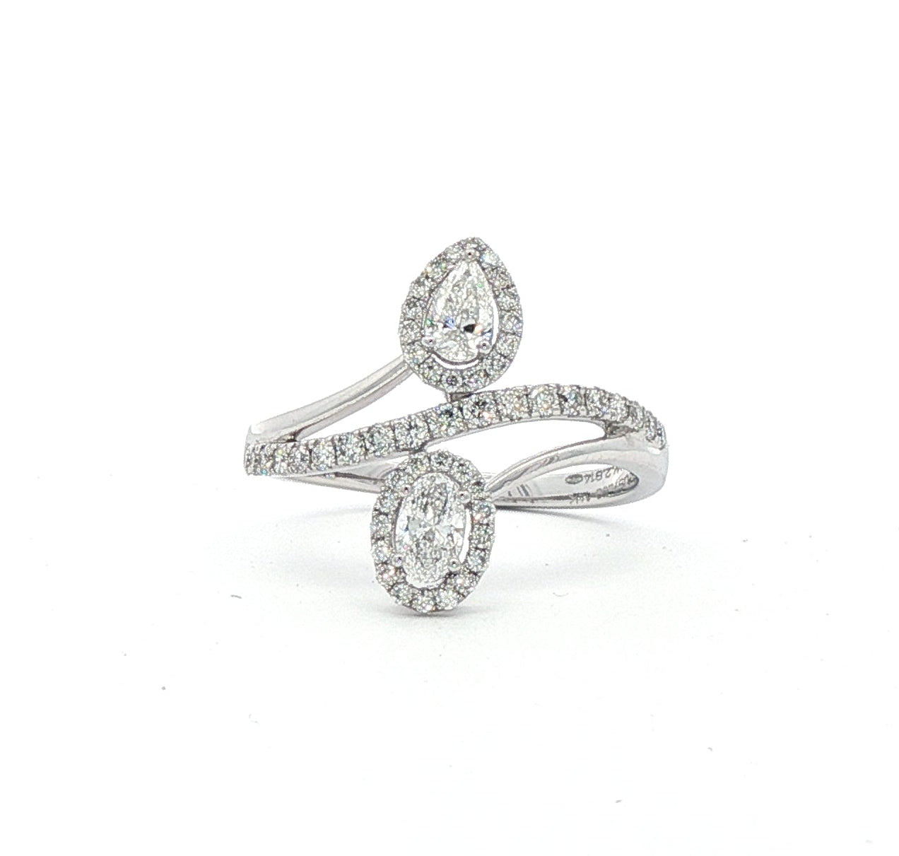 14ct White Gold Pear Halo Cluster & Oval Halo Cluster Crossover Design Dress Ring