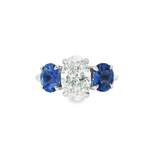 LAB GROWN: Platinum Oval Cut Diamond & Sapphire Trilogy Ring - D1.84ct S2.03ct