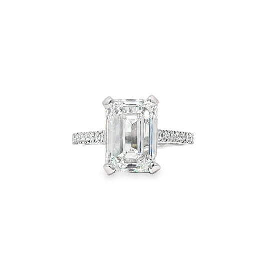 LAB GROWN: Platinum Emerald Cut Solitaire Diamond Ring With Diamond Set Shoulders - 5.24ct