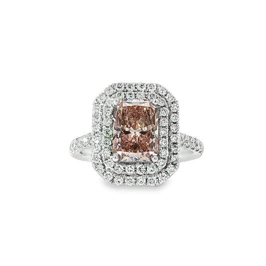 LAB GROWN: Platinum & Radiant Cut Pink Diamond Double Halo Ring - LG:2.10ct D0.75ct