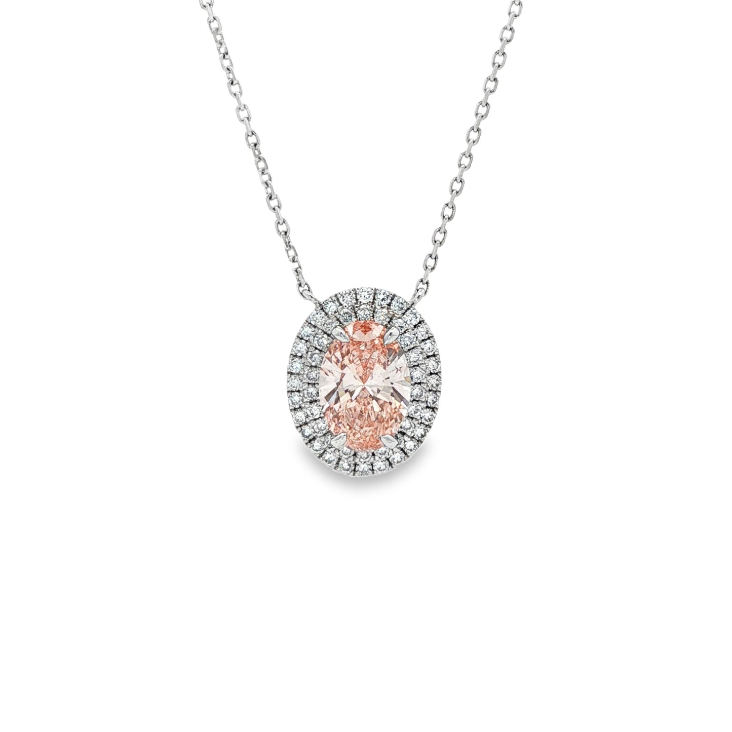 LAB GROWN: Platinum & Pink Diamond Double Halo Necklace.