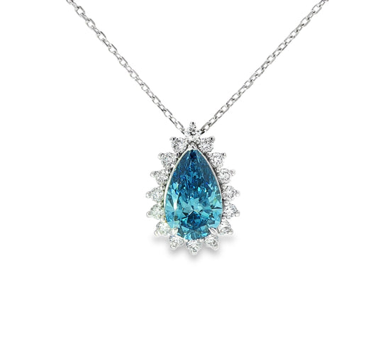 LAB GROWN: Platinum & Pear Shape Blue Diamond & Round Brilliant Cut diamond Halo Pendant - LG:2.22ct D:0.71ct