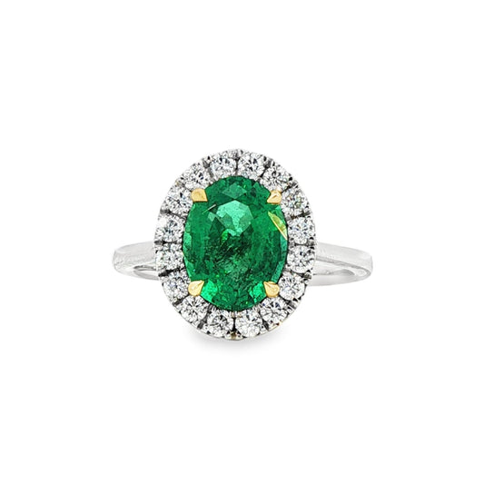 Platinum Oval Cut Emerald & Round Brilliant Cut Diamond Halo Ring - E:2.21ct D:0.54ct