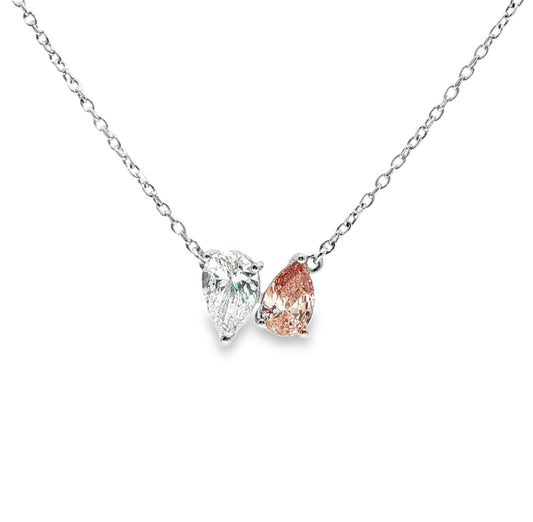 LAB GROWN: 18ct White Gold Pear Shape White & Pink Diamond "Moi et Toi" Necklace - 2.55ct