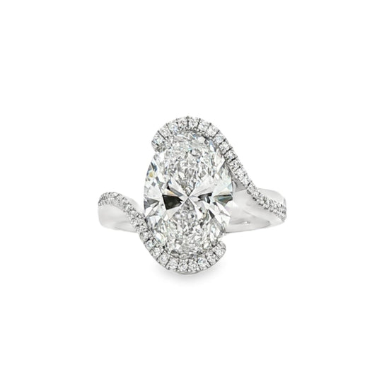 LAB GROWN: Platinum Oval Cut Diamond Solitaire Ring in Crossover Setting - 5.27ct.