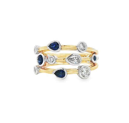 18ct Yellow & White Gold Diamond & Sapphire Triple Row 'Rhapsody' Design Dress Ring.
