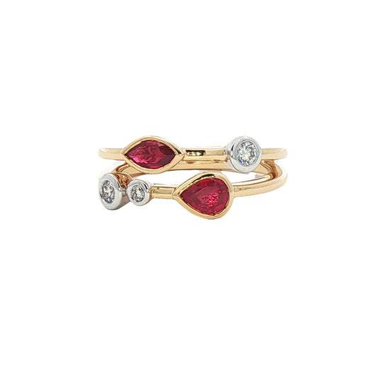 18ct Yellow & White Gold Diamond & Ruby Double Row 'Rhapsody' Design Dress Ring