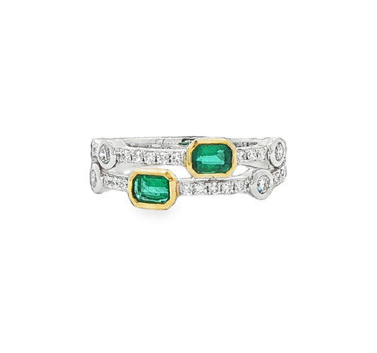 18ct Yellow & white gold diamond and emerald double row 'Rhapsody' design dress ring.