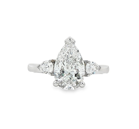 LAB GROWN: Platinum pear cut diamond three stone ring - 2.38ct