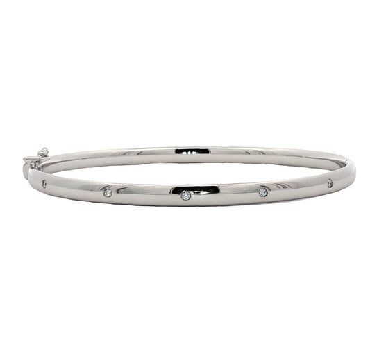 9ct White Gold Hollow Diamond Set Oval Bangle.