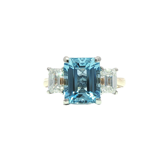 Bespoke: Platinum & 18ct Yellow Gold Emerald Cut 'Santa Maria' Aquamarine & Emerald Cut Diamond Three Stone Ring - A:3.14ct D:1.40ct