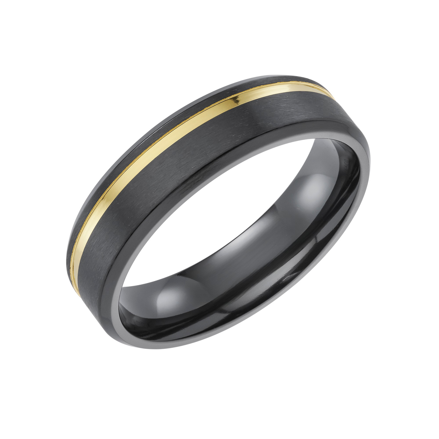 Black Zirconium & Gold IP plated offset inlay 7.0mm Court Profile Wedding Band - Matte finish