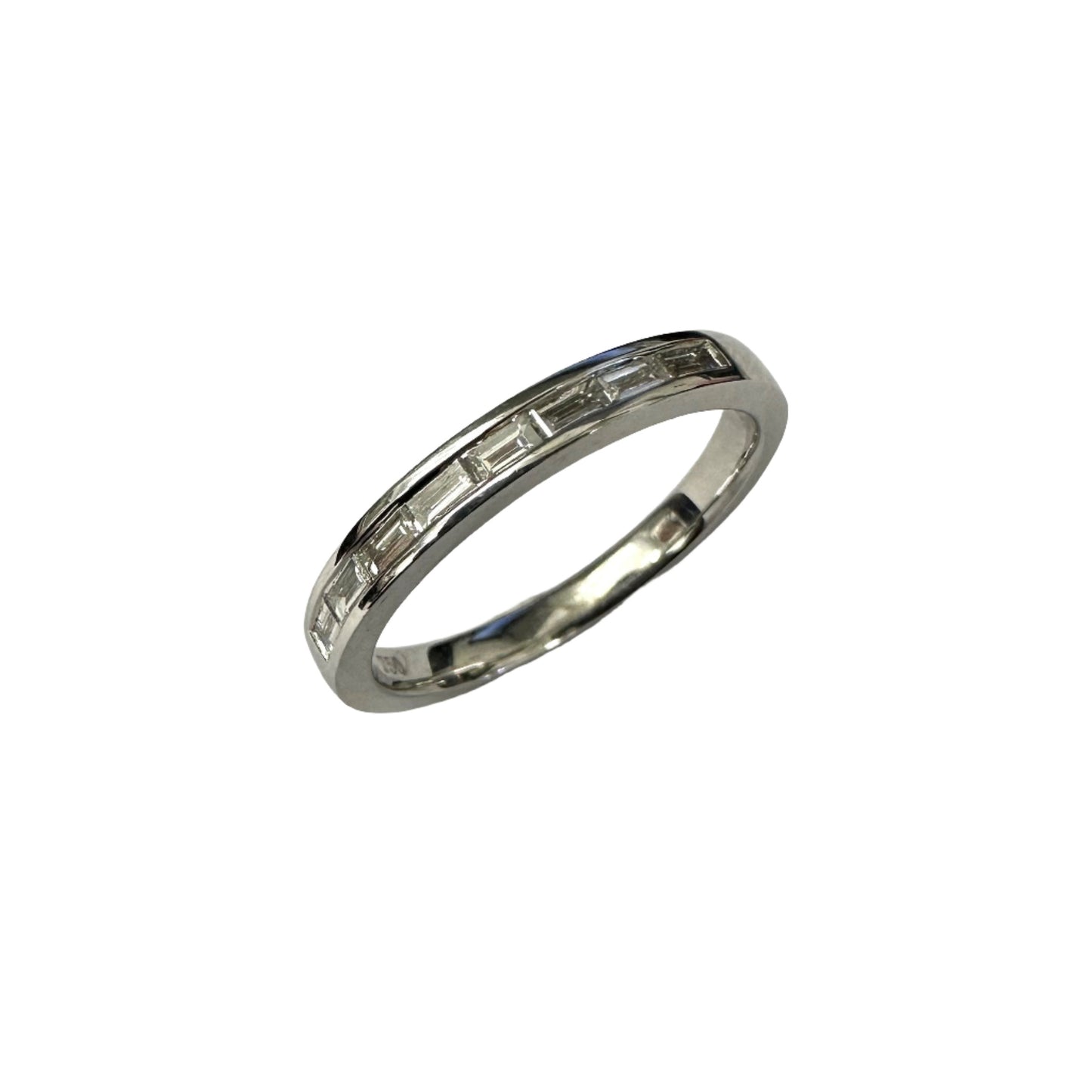 18ct white gold baguette cut diamond wedding band. Henry D Johnstone Jewellers. Alderley Edge, Poynton, Cheshire.