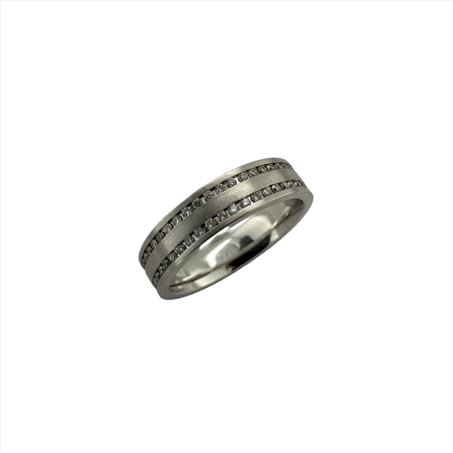 18ct white gold double row diamond set band. Henry D Johnstone Jewellers. Alderley Edge, Poynton, Cheshire.