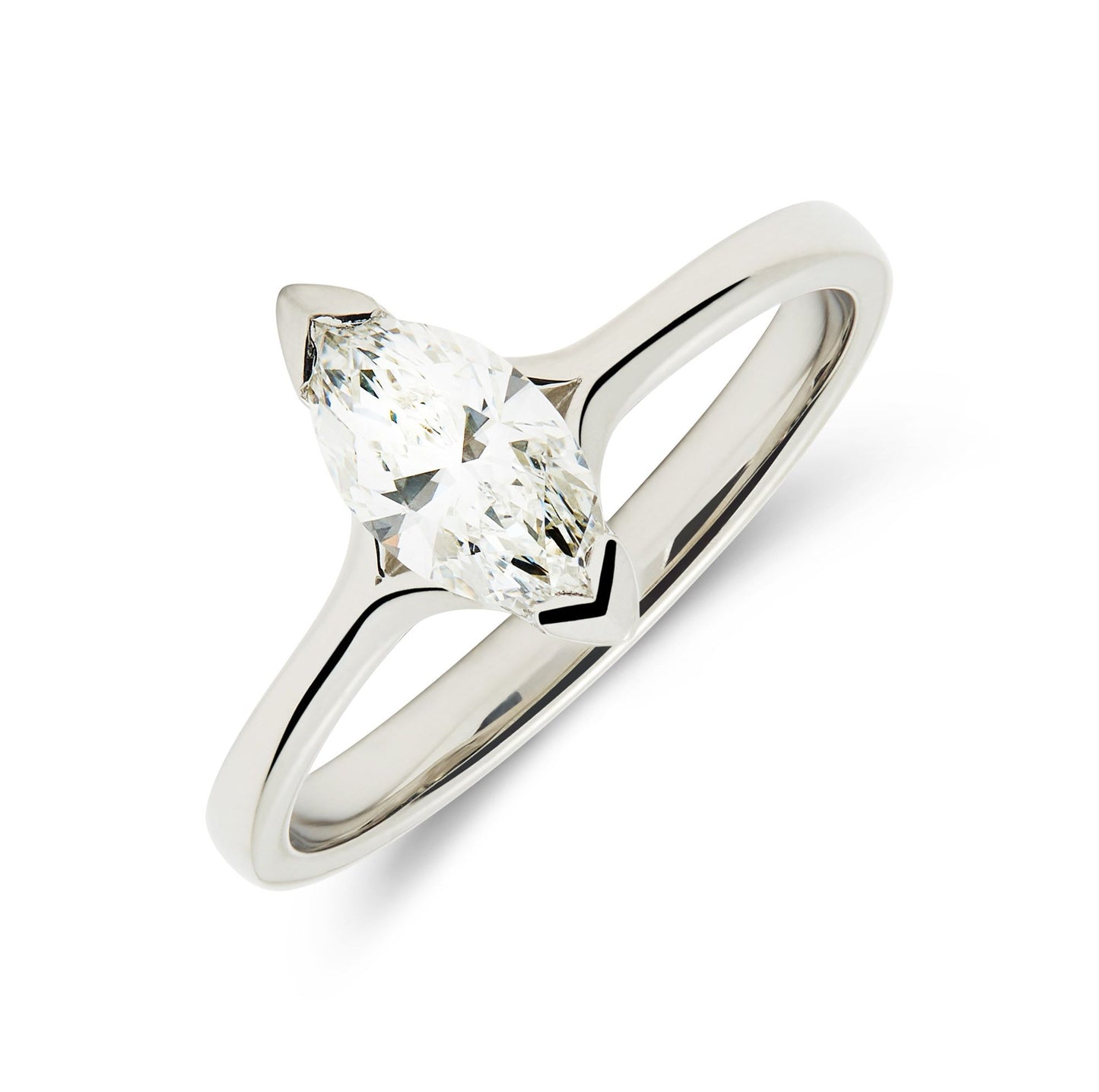 Platinum & Marquis cut diamond solitaire ring in a corner claw setting. Henry D Johnstone Jewellers. Alderley Edge, Poynton, Cheshire.