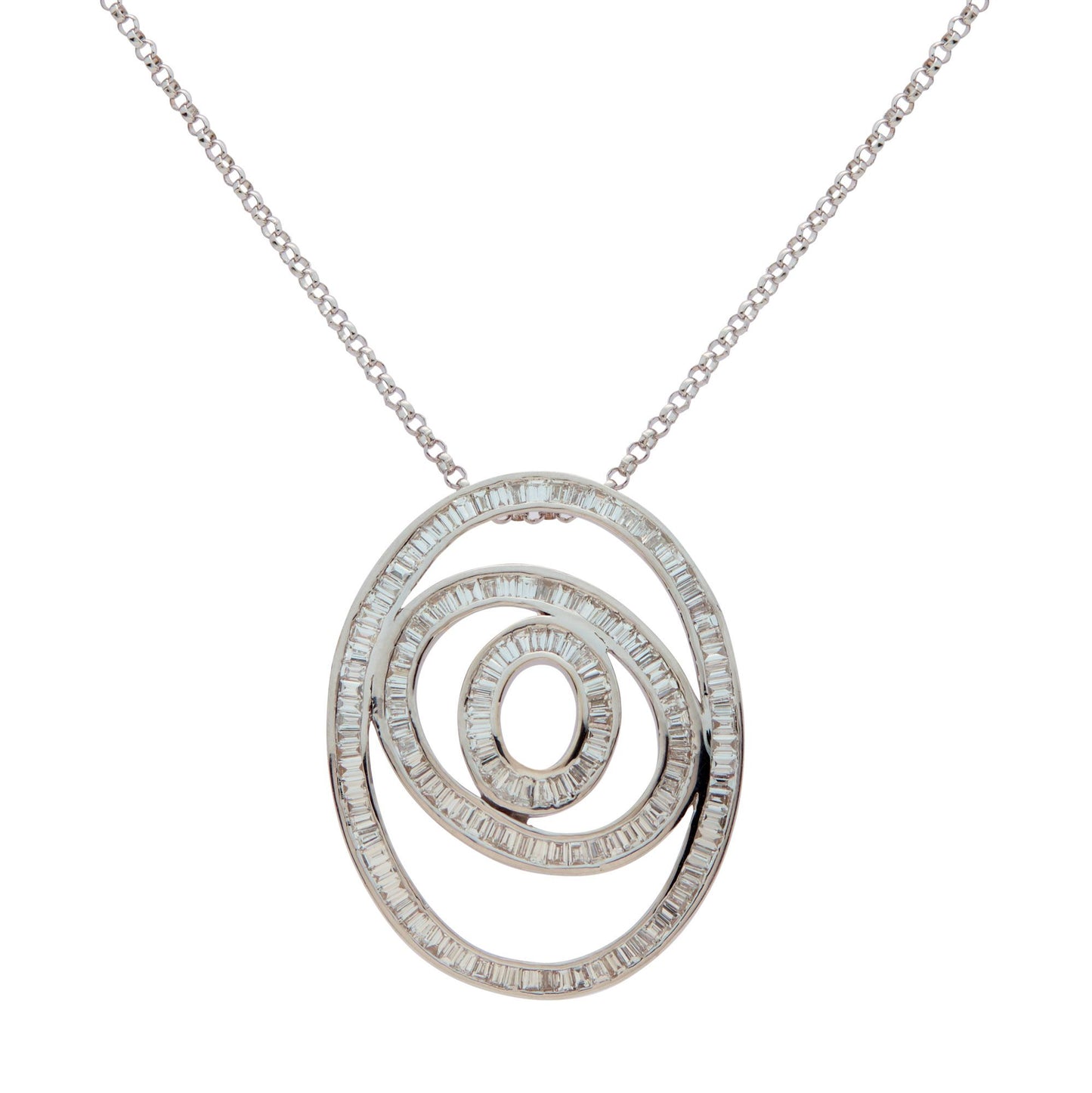 18ct white gold oval triple loop style pendant set with baguette cut diamonds. Henry D Johnstone Jewellers, Alderley Edge, Poynton, Cheshire.