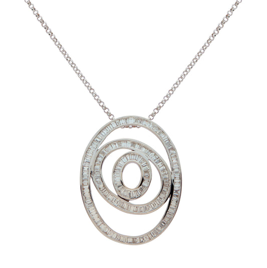18ct white gold oval triple loop style pendant set with baguette cut diamonds.
