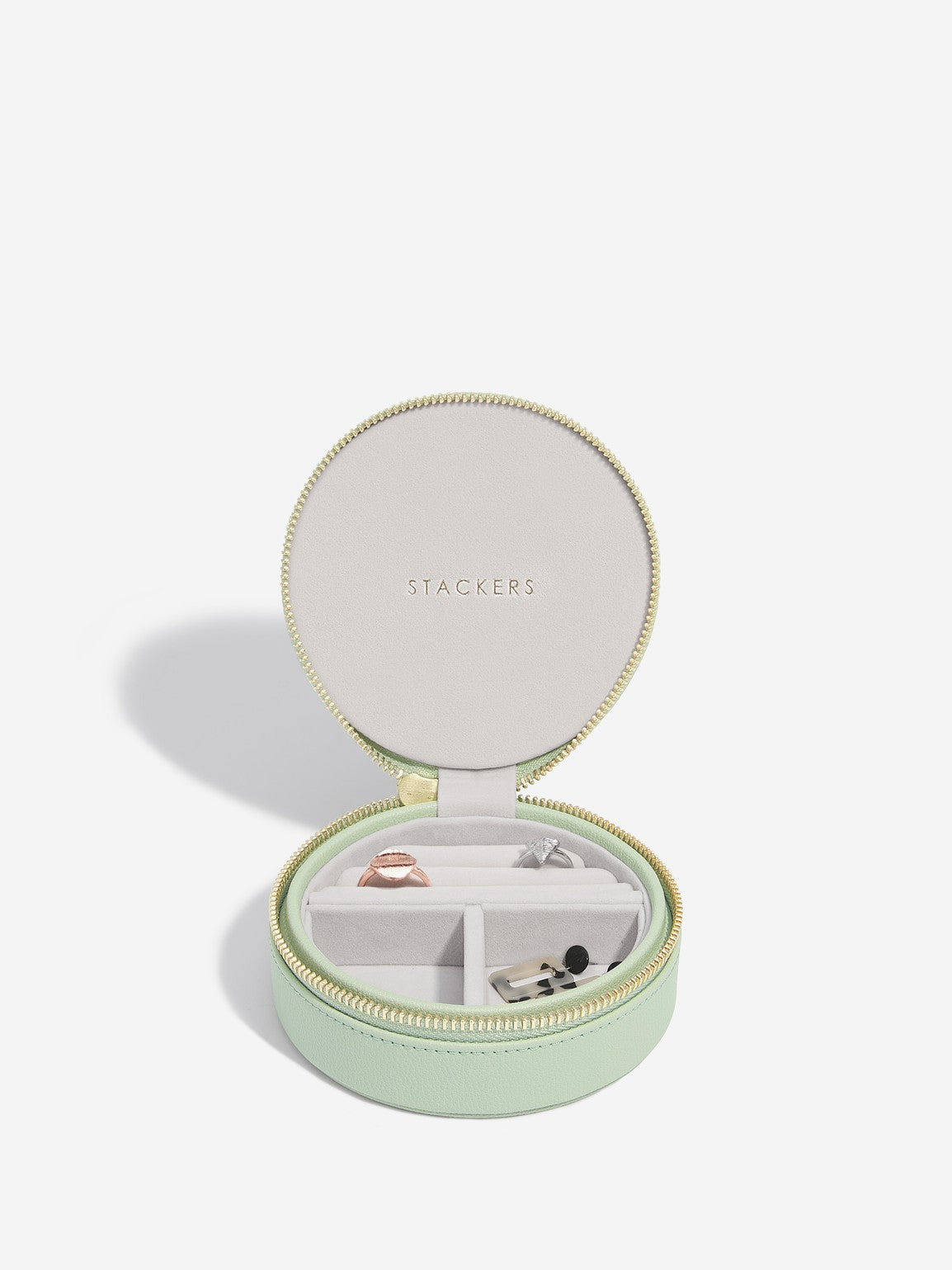 Stackers round zipped travel jewellery box - Sage Green.