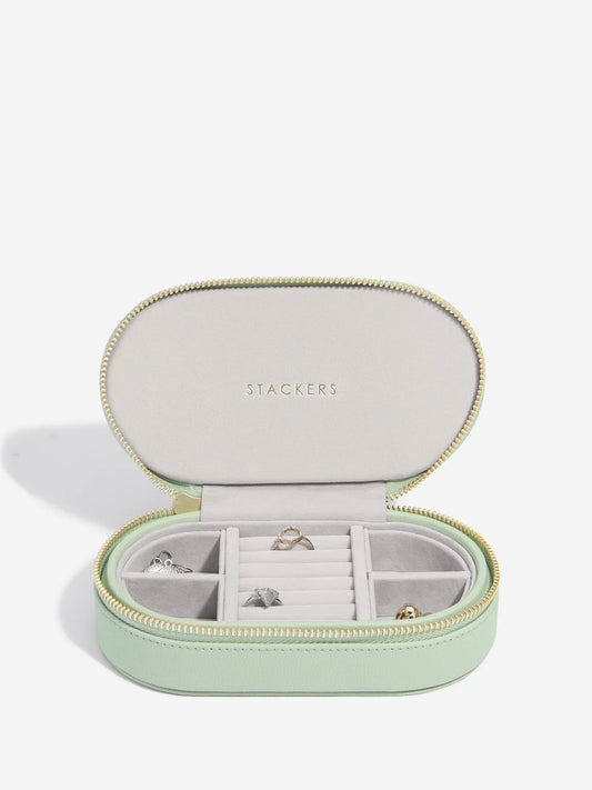 Stackers oval zipped travel jewellery box - Sage Green.