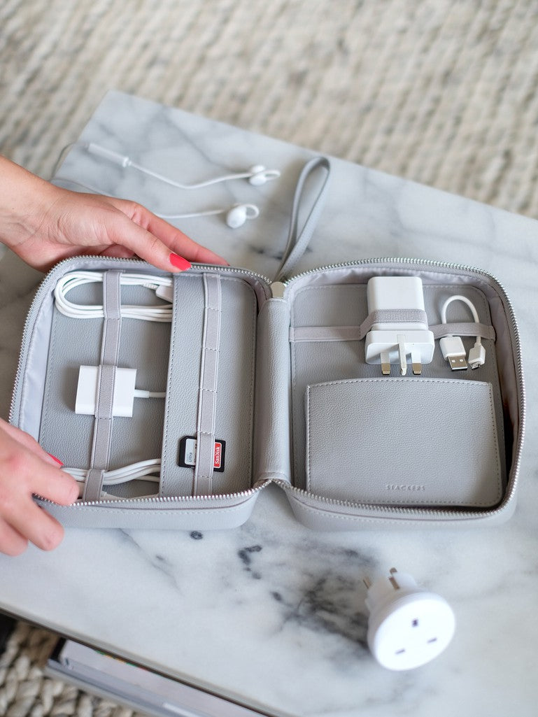 Stackers pebble grey faux leather cable tidy.