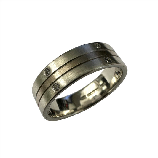 Matte finish wedding band with diamonds. Henry D Johnstone Jewellers. Alderley Edge, Poynton, Cheshire.