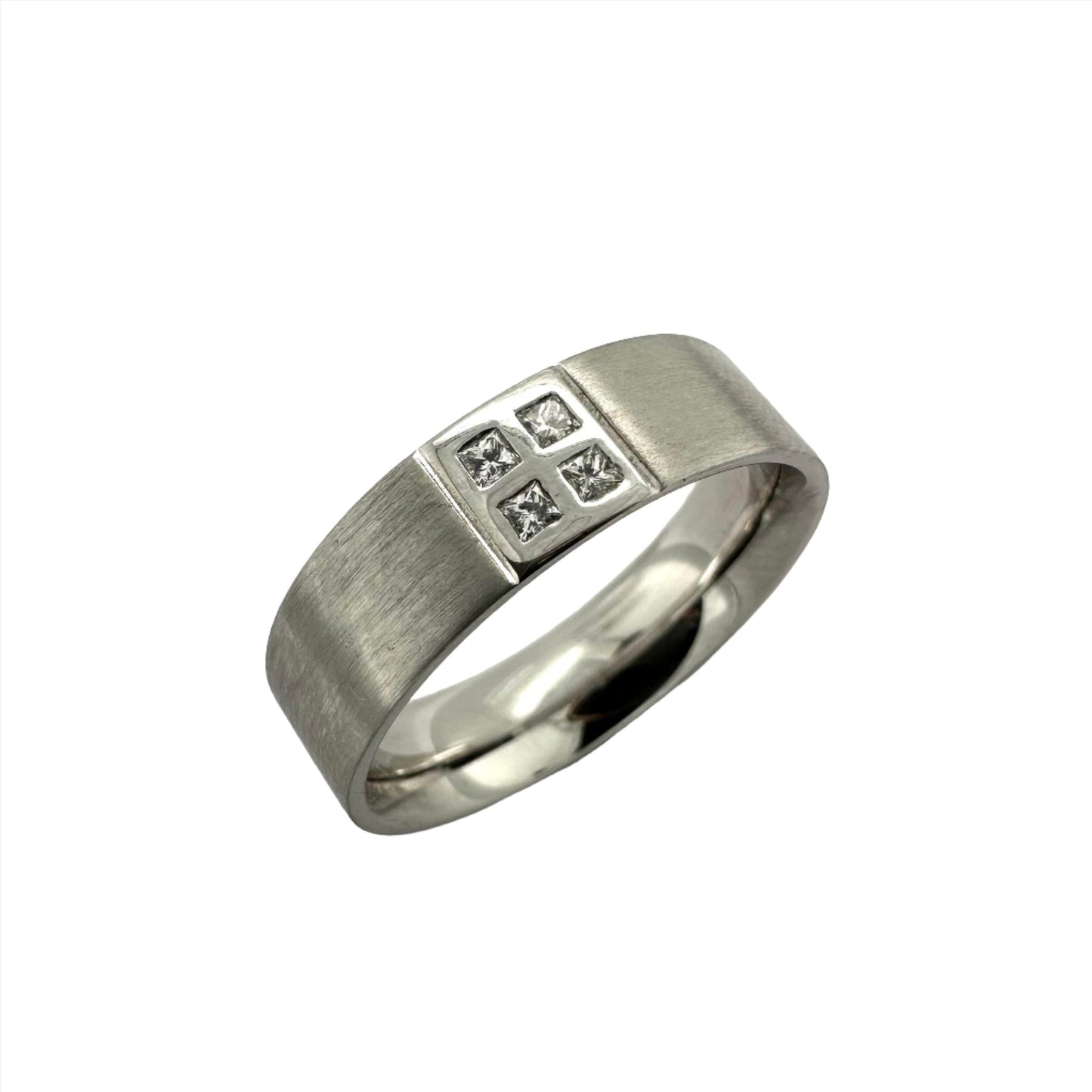 White gold wedding band with diamonds. Henry D Johnstone Jewellers. Alderley Edge, Poynton, Cheshire.