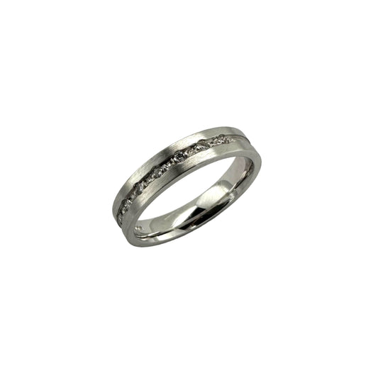 18ct white gold wedding band with small round brilliant cut diamonds. Henry D Johnstone Jewellers. Alderley Edge, Poynton, Cheshire.