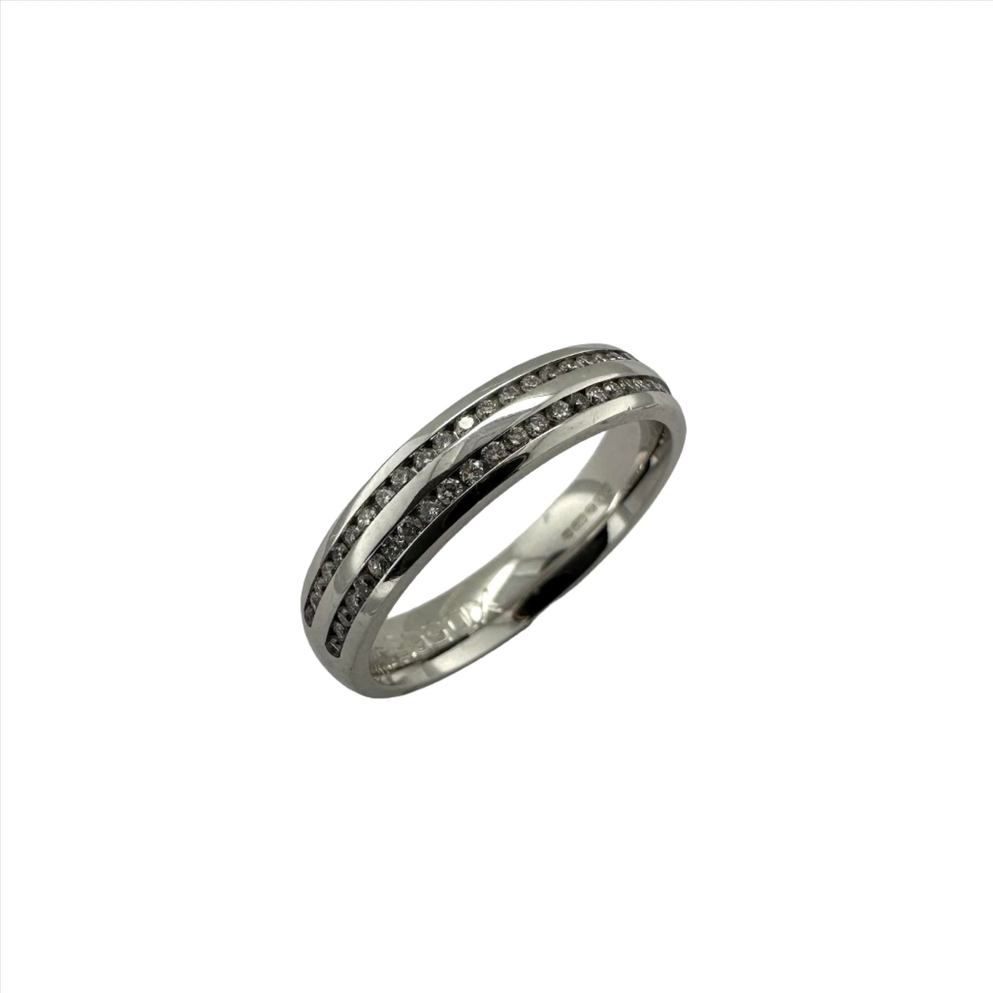 Double row diamond channel set wedding ring in 18ct white gold. Henry D Johnstone Jewellers. Alderley Edge, Poynton, Cheshire.