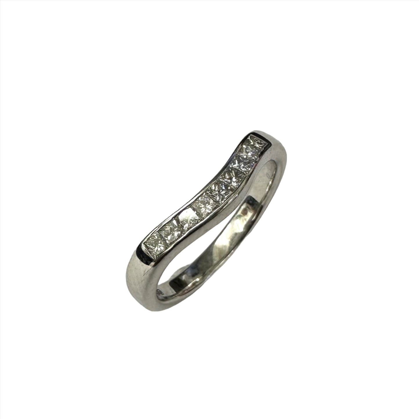 18ct white gold princess cut diamond set shaped wedding band. Henry D Johnstone Jewellers. Alderley Edge, Poynton, Cheshire.