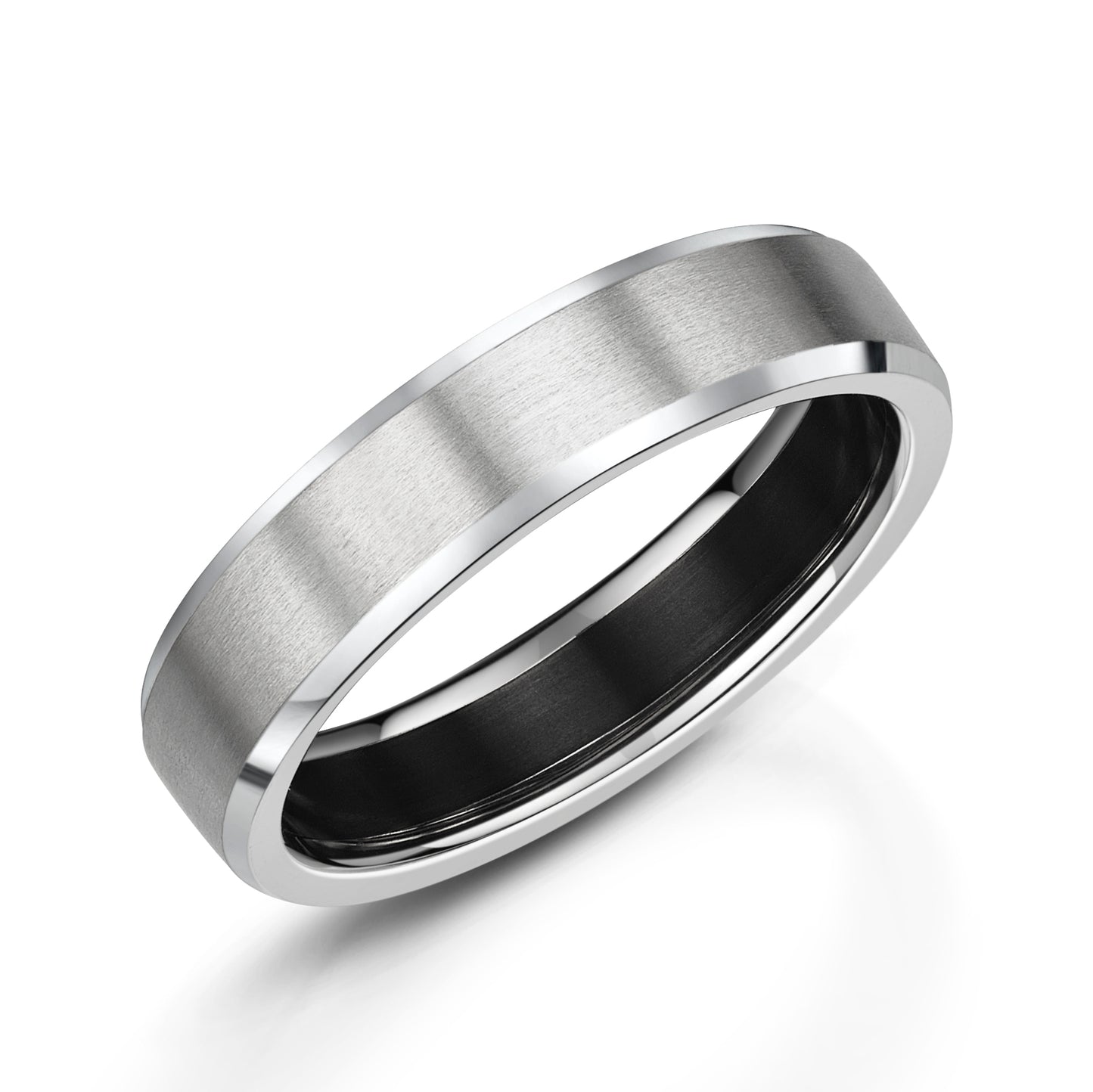 9ct white gold and black zirconium inlay wedding band with matte finish. Henry D Johnstone Jewellers, Alderley Edge and Poynton, Cheshire