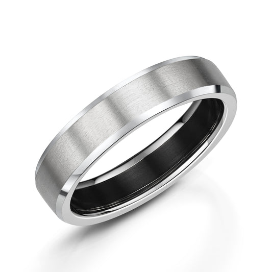 9ct white gold and black zirconium inlay wedding band with matte finish.  Henry D Johnstone Jewellers, Alderley Edge and Poynton, Cheshire