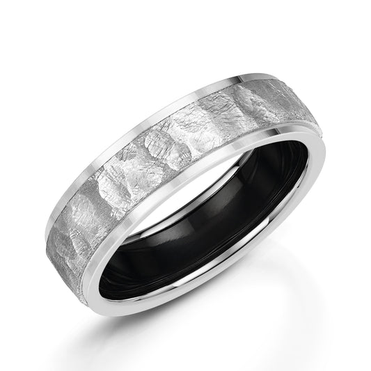Contrasting white gold and black zirconium inlay wedding ring