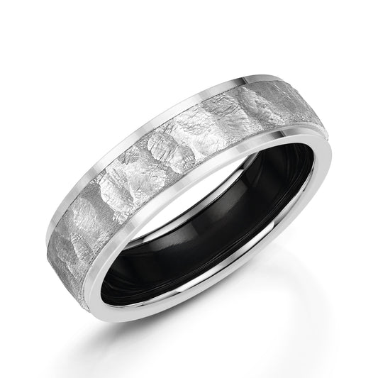 Contrasting white gold and black zirconium hammered textured inlay wedding ring. Henry D Johnstone Jewellers, Alderley Edge & Poynton, Cheshire