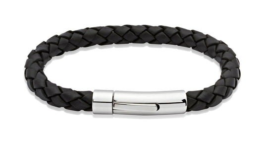 Unique Black Leather Bracelet with Stainless steel clasp.