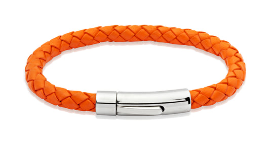 Unique Orange Leather Bracelet with Polished stainless steel clasp.
