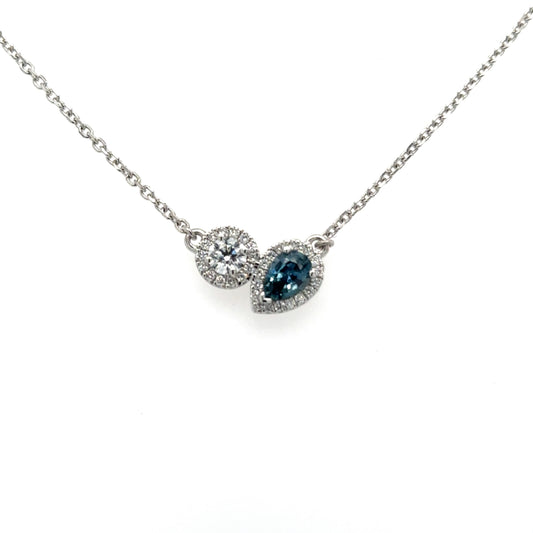 Diamond & Teal Sapphire 'Aphrodite' platinum necklace. Henry D Johnstone Jewellers, Alderley Edge, Poynton, Cheshire.