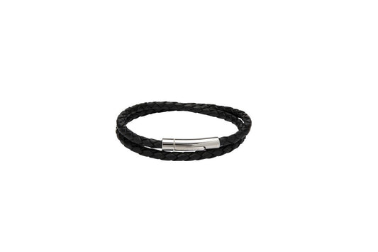 Unique Fine Black double leather bracelet with polished push clasp.