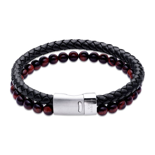 Unique Black Leather Red & Brown Bead Bracelet