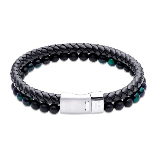 Unique Black Leather & Matt Black Onyx & Malachite Beaded Bracelet