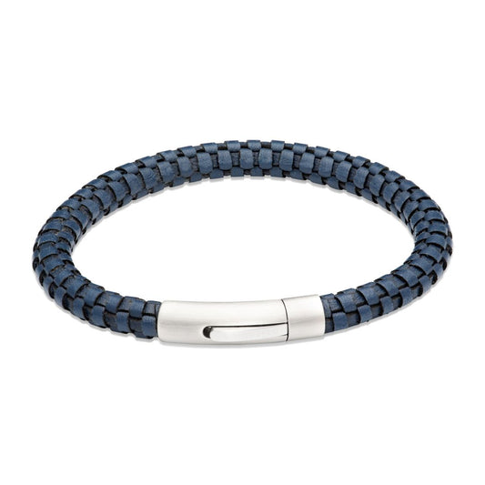 Unique Navy Blue Textured Leather Bracelet with stainless steel push button clasp.