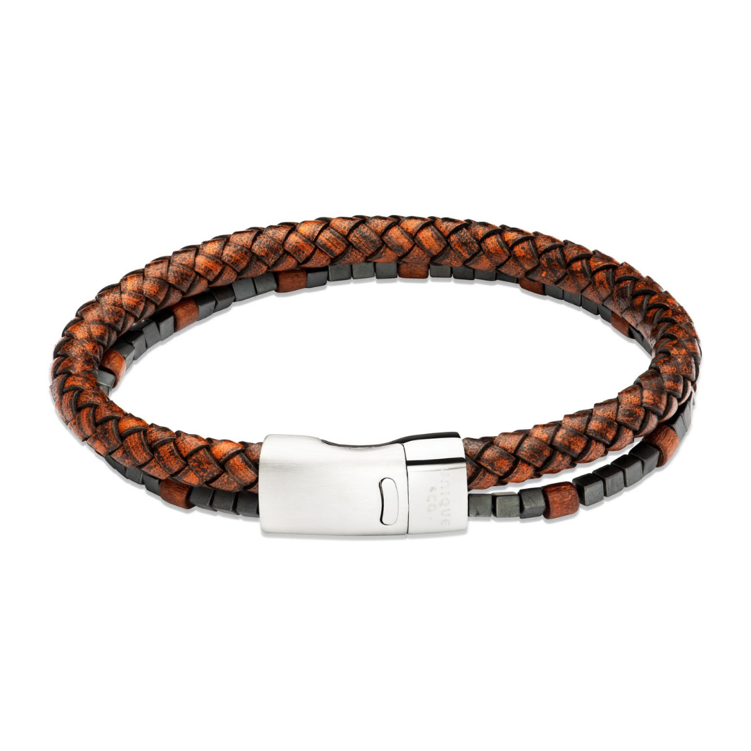 Unique Dark Brown Leather, Haematite & Wood Bracelet