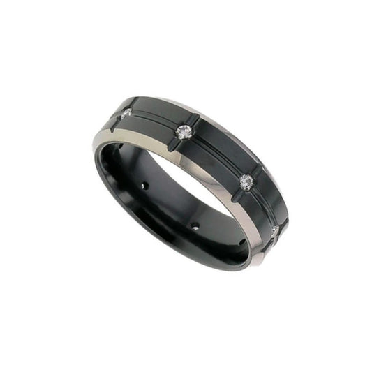 Black zirconium flat profile bevelled edge segmented diamond set ring in 6.0mm to 7.0mm.