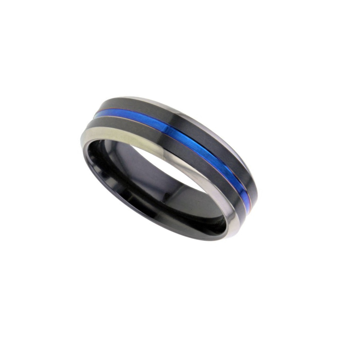 Black Zirconium 7.0mm to 6.0mm beveled edged ring with blue centre.