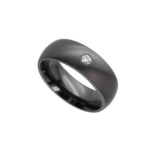 Black Zirconium 'Domed' 6.0mm to 7.0mm profile ring set with 0.10ct round brilliant cut diamond.