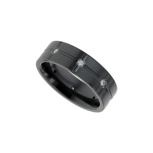 Black zirconium flat profile segmented diamond set ring in 6.0mm to 7.0mm.