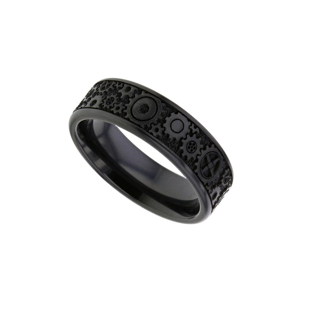 Black zirconium laser engraved 'Gears' design 6.0mm to 7.0mm ring.