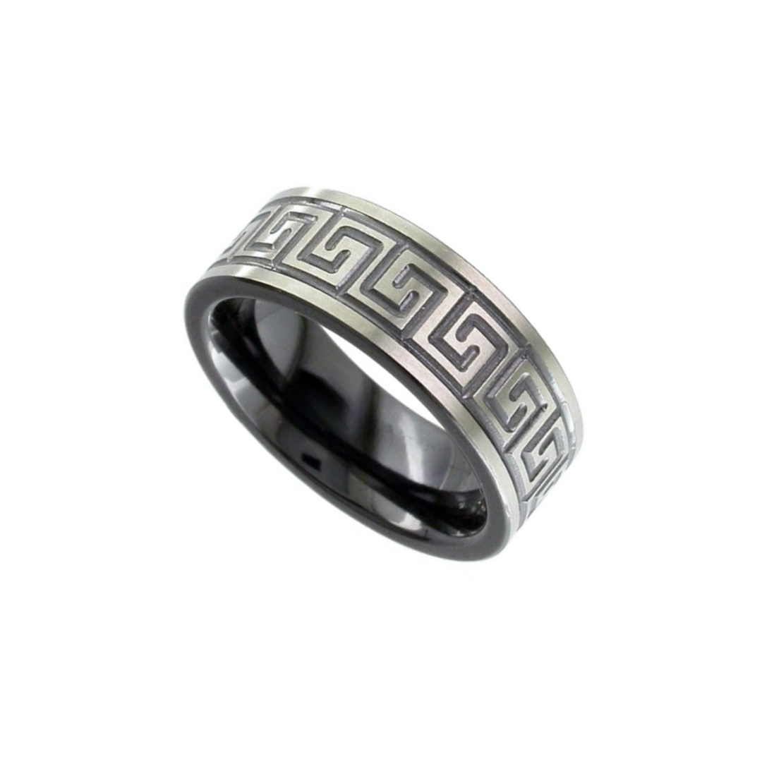 Black zirconium 6.0mm to 7.0mm flat court laser engraved 'Greek Key' design ring