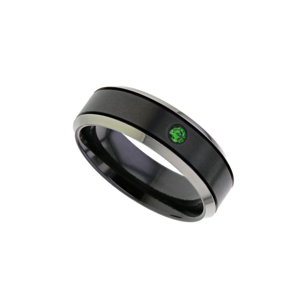 Black zirconium flat profile chamfered edges 6.0mm to 7.0mm green diamond set ring.